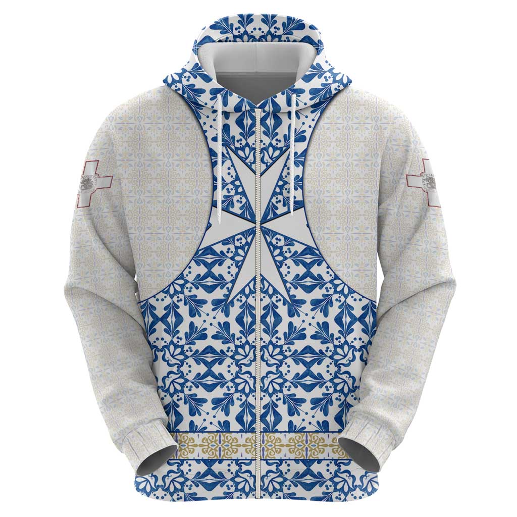 Malta Zip Hoodie with Blue White Tile Design and Maltese Cross Pattern - Wonder Print Shop