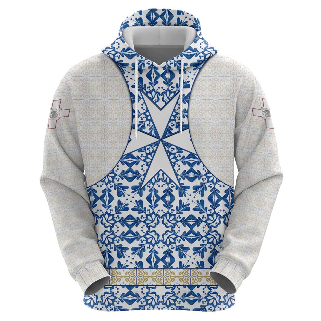 Malta Zip Hoodie with Blue White Tile Design and Maltese Cross Pattern - Wonder Print Shop