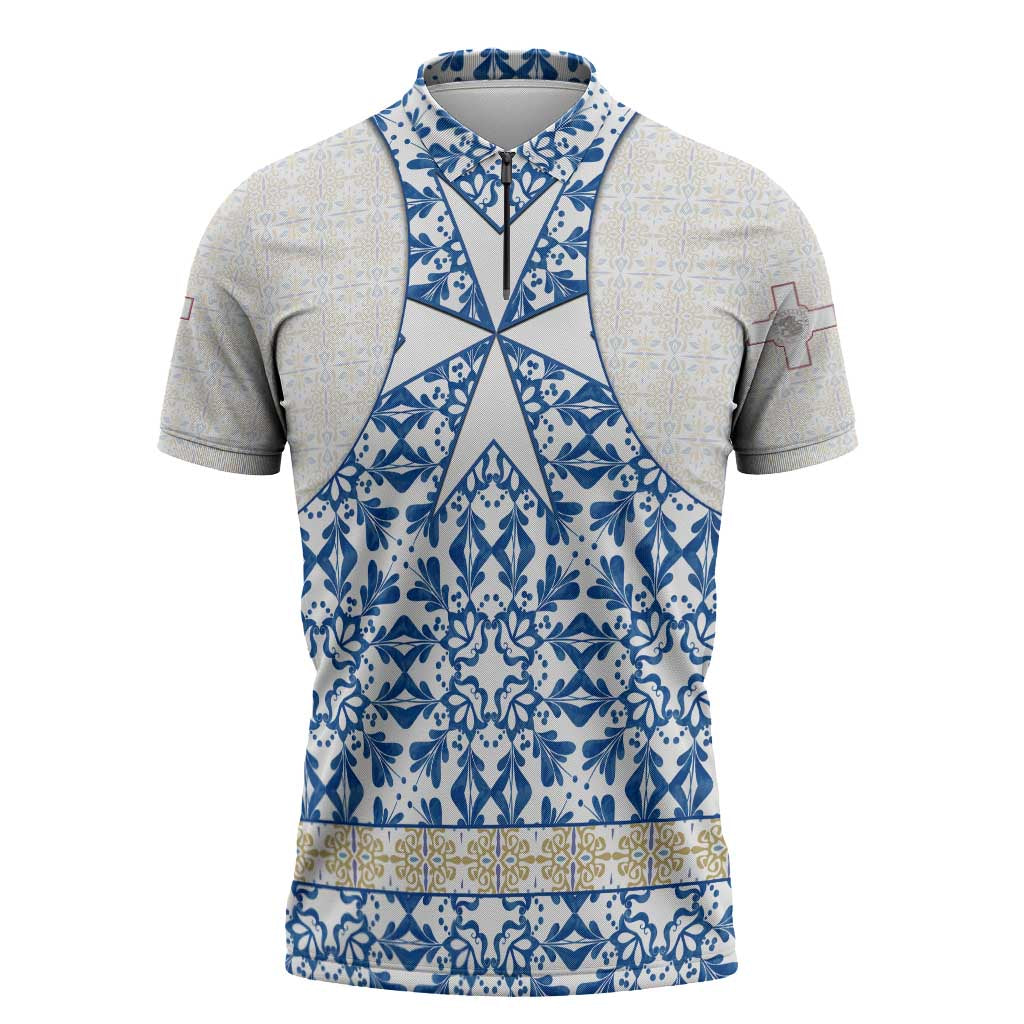 Malta Zipper Polo Shirt with Blue White Tile Design and Maltese Cross Pattern - Wonder Print Shop
