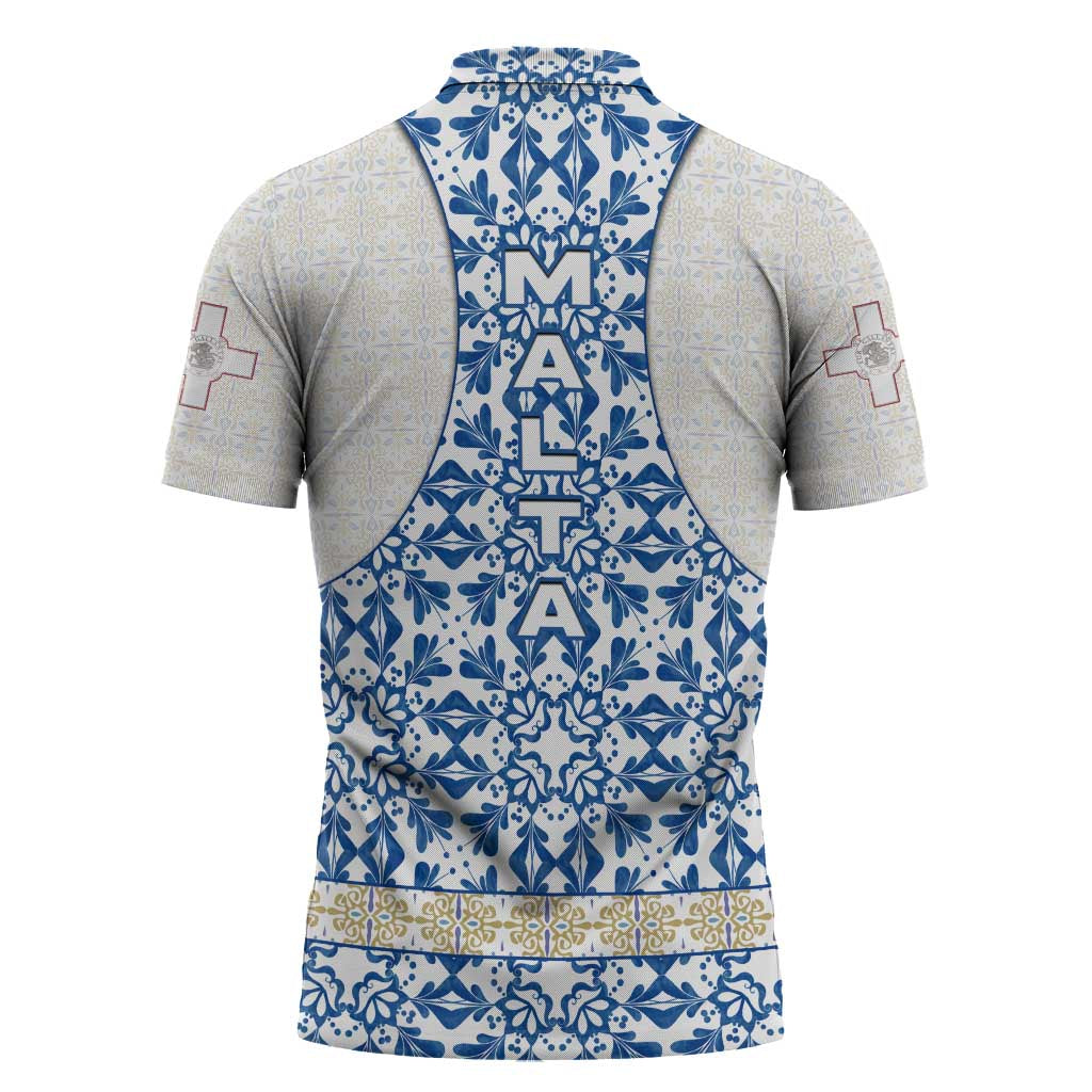 Malta Zipper Polo Shirt with Blue White Tile Design and Maltese Cross Pattern - Wonder Print Shop