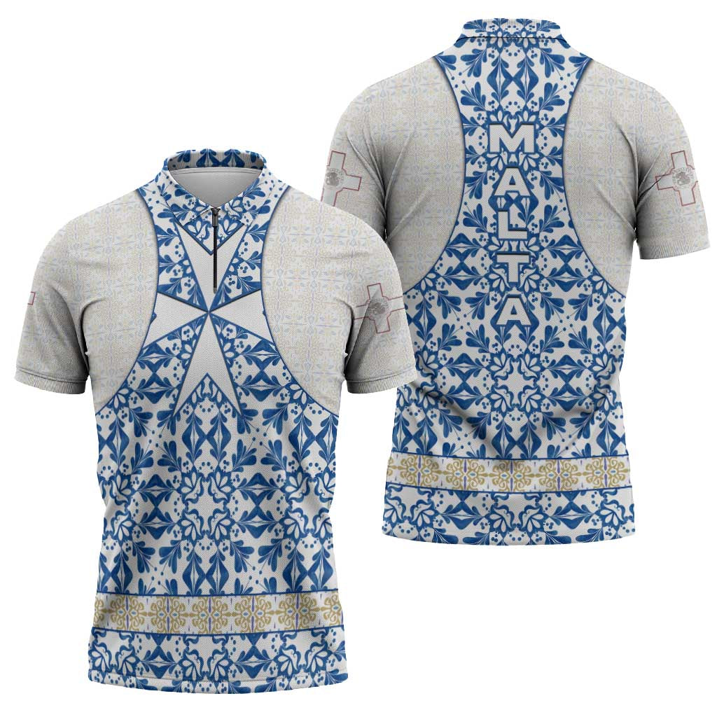 Malta Zipper Polo Shirt with Blue White Tile Design and Maltese Cross Pattern - Wonder Print Shop