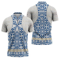 Malta Zipper Polo Shirt with Blue White Tile Design and Maltese Cross Pattern - Wonder Print Shop