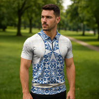 Malta Zipper Polo Shirt with Blue White Tile Design and Maltese Cross Pattern - Wonder Print Shop