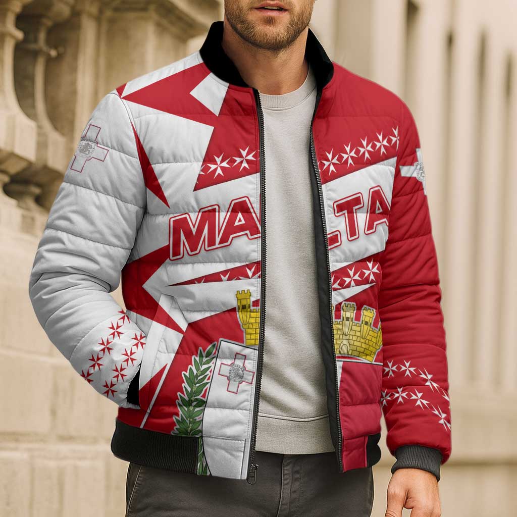 Malta Bomber Puffer Jacket with Red White Starburst Design - Wonder Print Shop