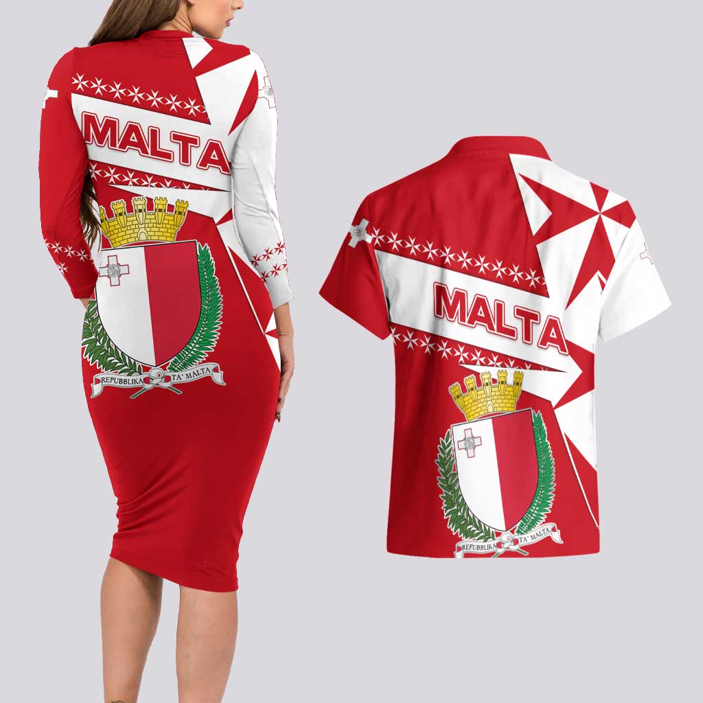Malta Couples Matching Long Sleeve Bodycon Dress and Hawaiian Shirt with Red White Starburst Design - Wonder Print Shop