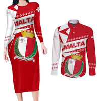 Malta Couples Matching Long Sleeve Bodycon Dress and Long Sleeve Button Shirt with Red White Starburst Design - Wonder Print Shop