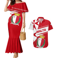 Malta Couples Matching Mermaid Dress and Hawaiian Shirt with Red White Starburst Design - Wonder Print Shop