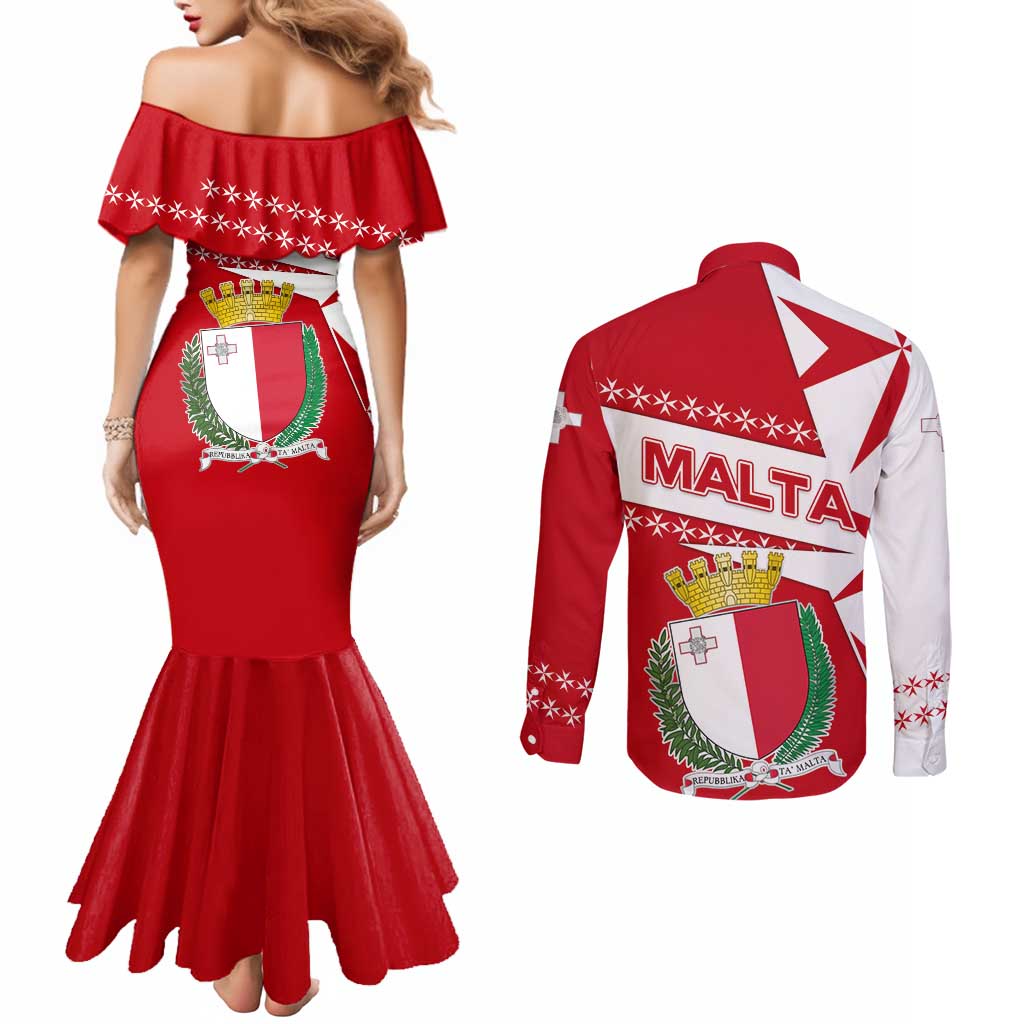Malta Couples Matching Mermaid Dress and Long Sleeve Button Shirt with Red White Starburst Design - Wonder Print Shop