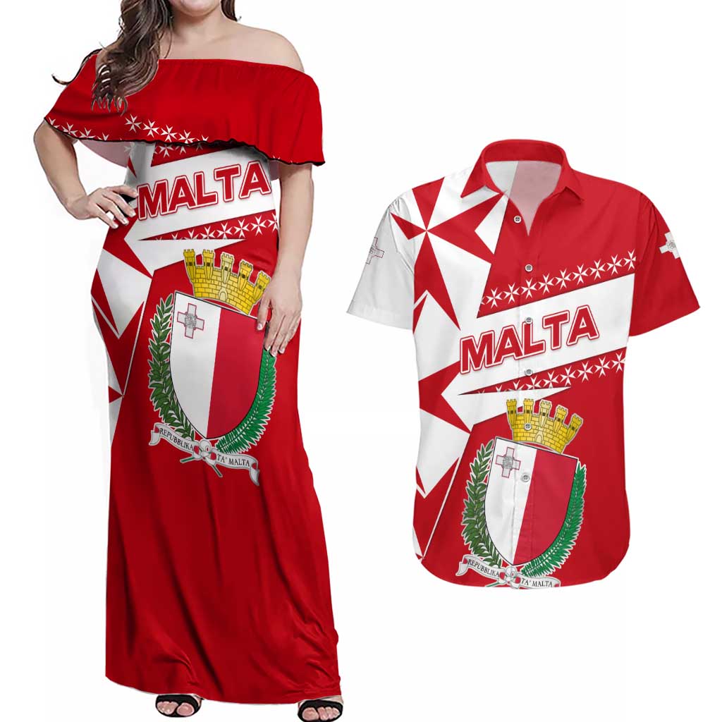 Malta Couples Matching Off Shoulder Maxi Dress and Hawaiian Shirt with Red White Starburst Design - Wonder Print Shop