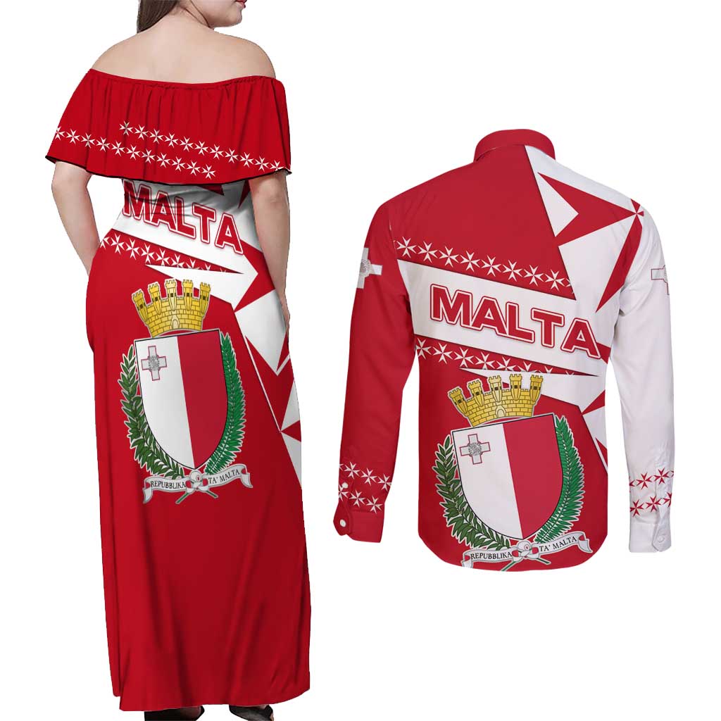 Malta Couples Matching Off Shoulder Maxi Dress and Long Sleeve Button Shirt with Red White Starburst Design - Wonder Print Shop