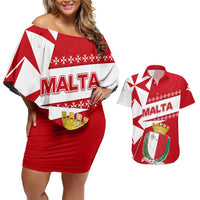 Malta Couples Matching Off Shoulder Short Dress and Hawaiian Shirt with Red White Starburst Design - Wonder Print Shop