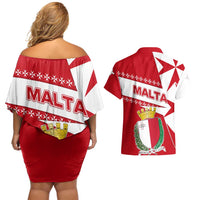 Malta Couples Matching Off Shoulder Short Dress and Hawaiian Shirt with Red White Starburst Design - Wonder Print Shop