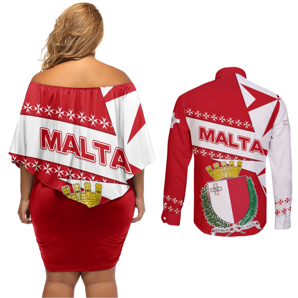 Malta Couples Matching Off Shoulder Short Dress and Long Sleeve Button Shirt with Red White Starburst Design - Wonder Print Shop
