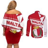 Malta Couples Matching Off Shoulder Short Dress and Long Sleeve Button Shirt with Red White Starburst Design - Wonder Print Shop