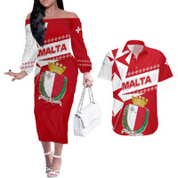 Malta Couples Matching Off The Shoulder Long Sleeve Dress and Hawaiian Shirt with Red White Starburst Design - Wonder Print Shop