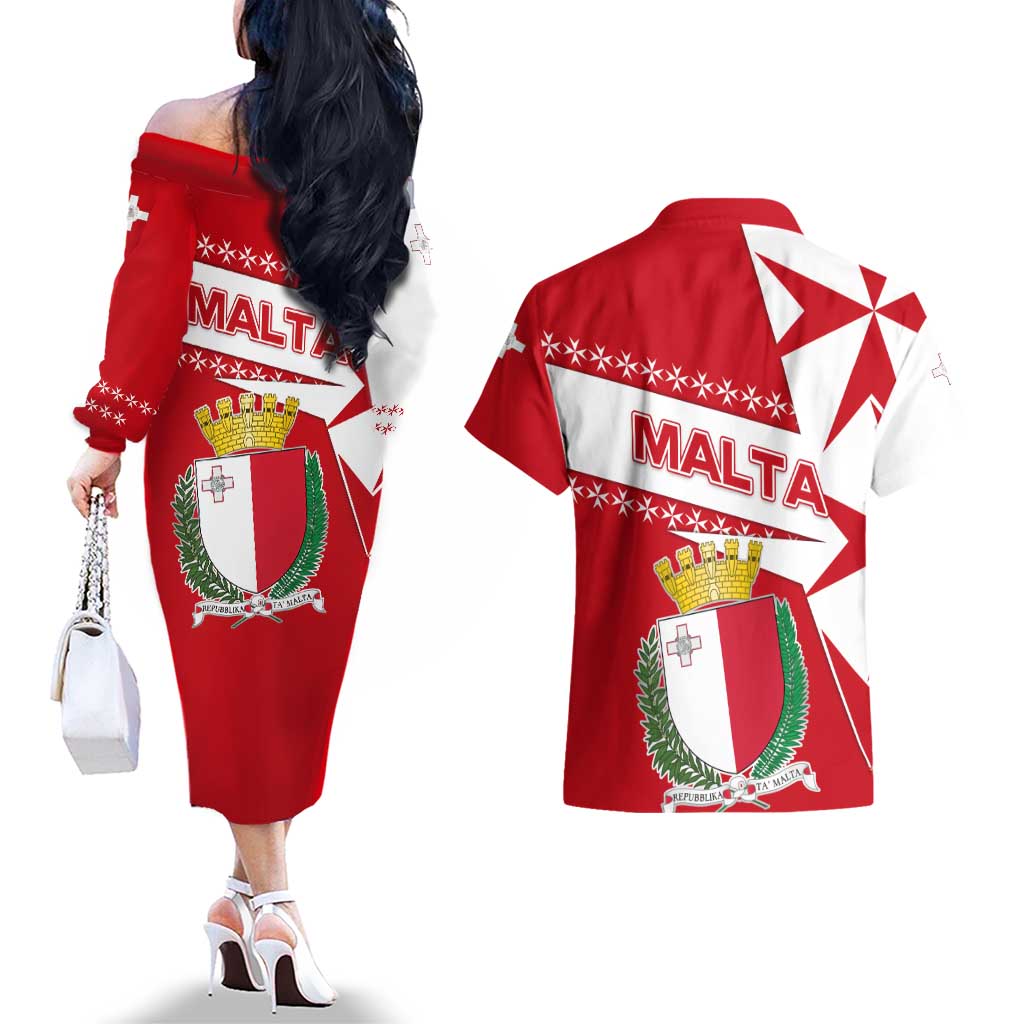 Malta Couples Matching Off The Shoulder Long Sleeve Dress and Hawaiian Shirt with Red White Starburst Design - Wonder Print Shop