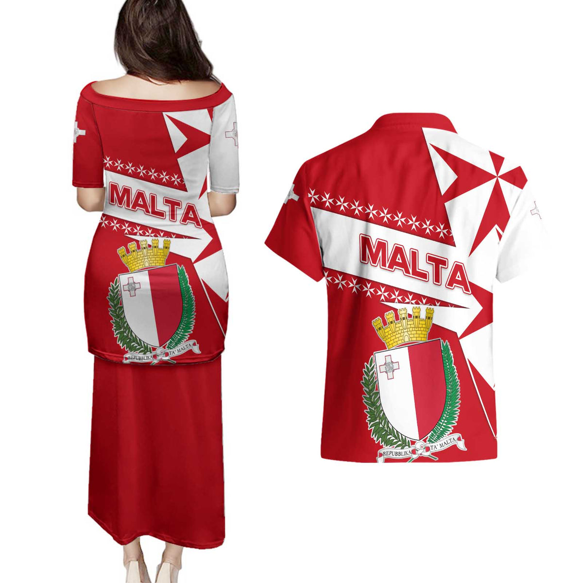 Malta Couples Matching Puletasi and Hawaiian Shirt with Red White Starburst Design - Wonder Print Shop