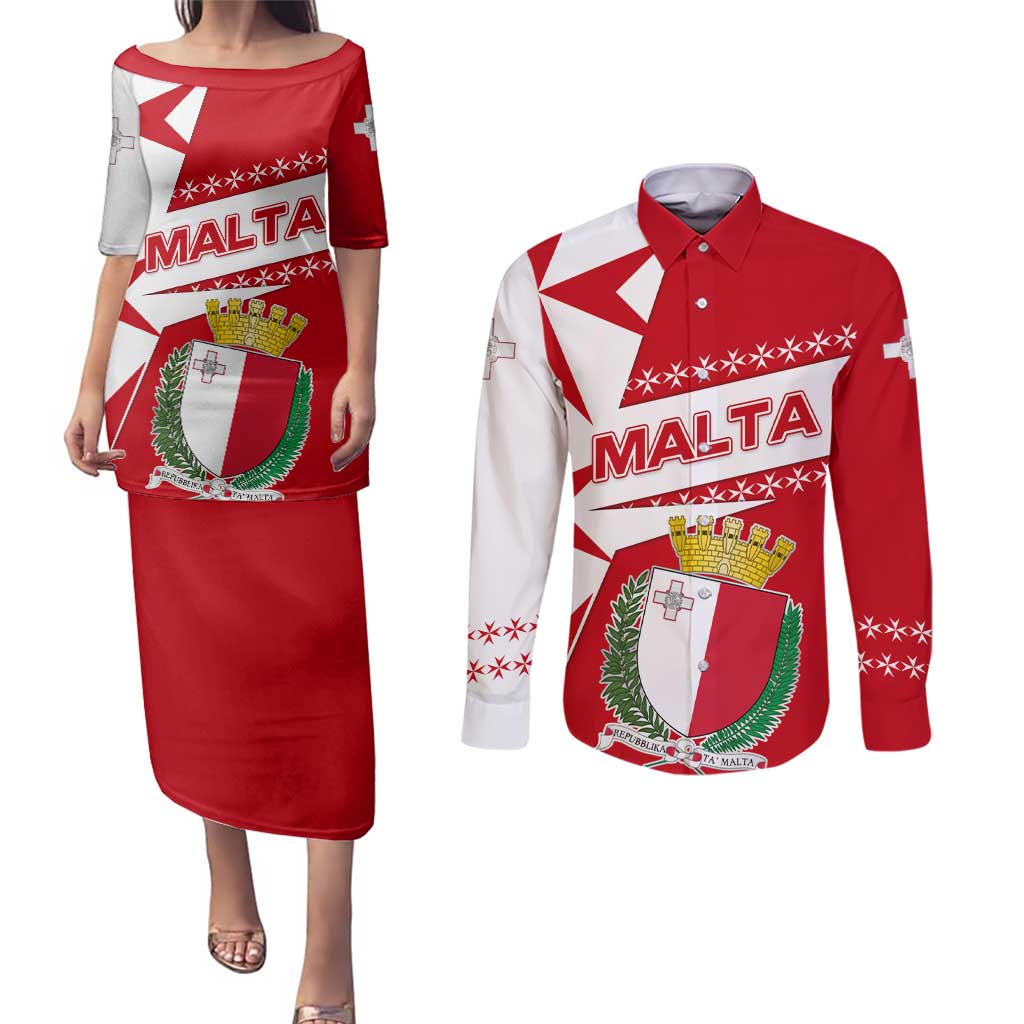 Malta Couples Matching Puletasi and Long Sleeve Button Shirt with Red White Starburst Design - Wonder Print Shop