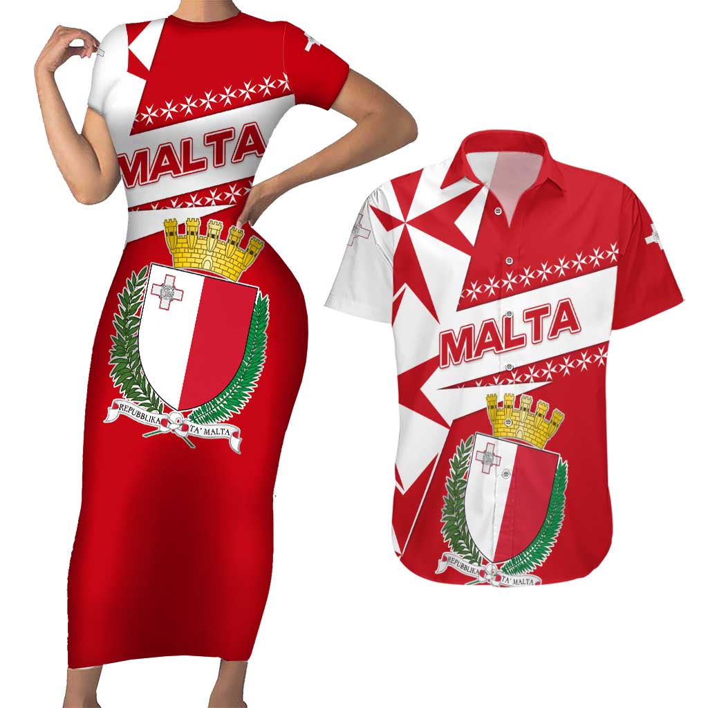 Malta Couples Matching Short Sleeve Bodycon Dress and Hawaiian Shirt with Red White Starburst Design - Wonder Print Shop