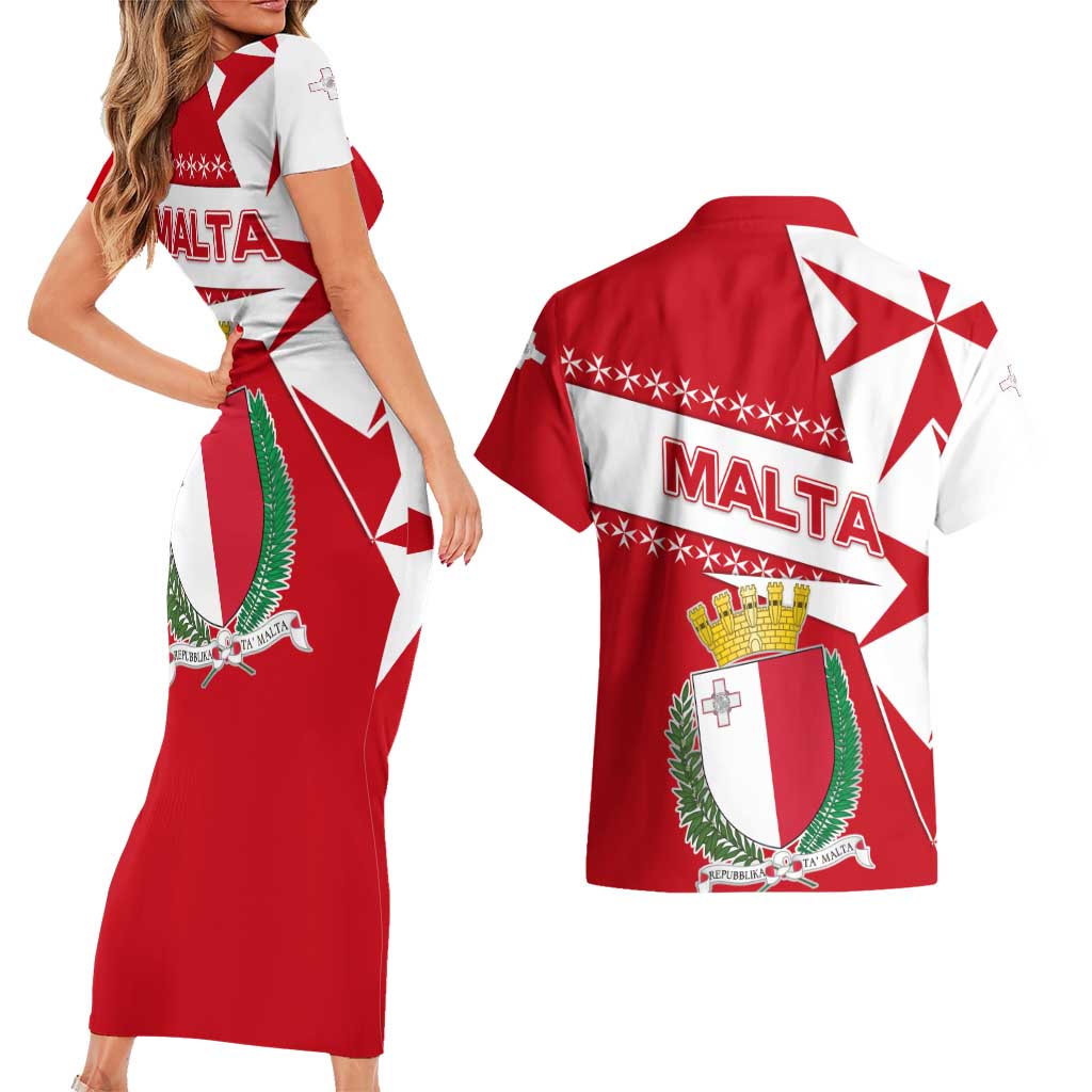 Malta Couples Matching Short Sleeve Bodycon Dress and Hawaiian Shirt with Red White Starburst Design - Wonder Print Shop