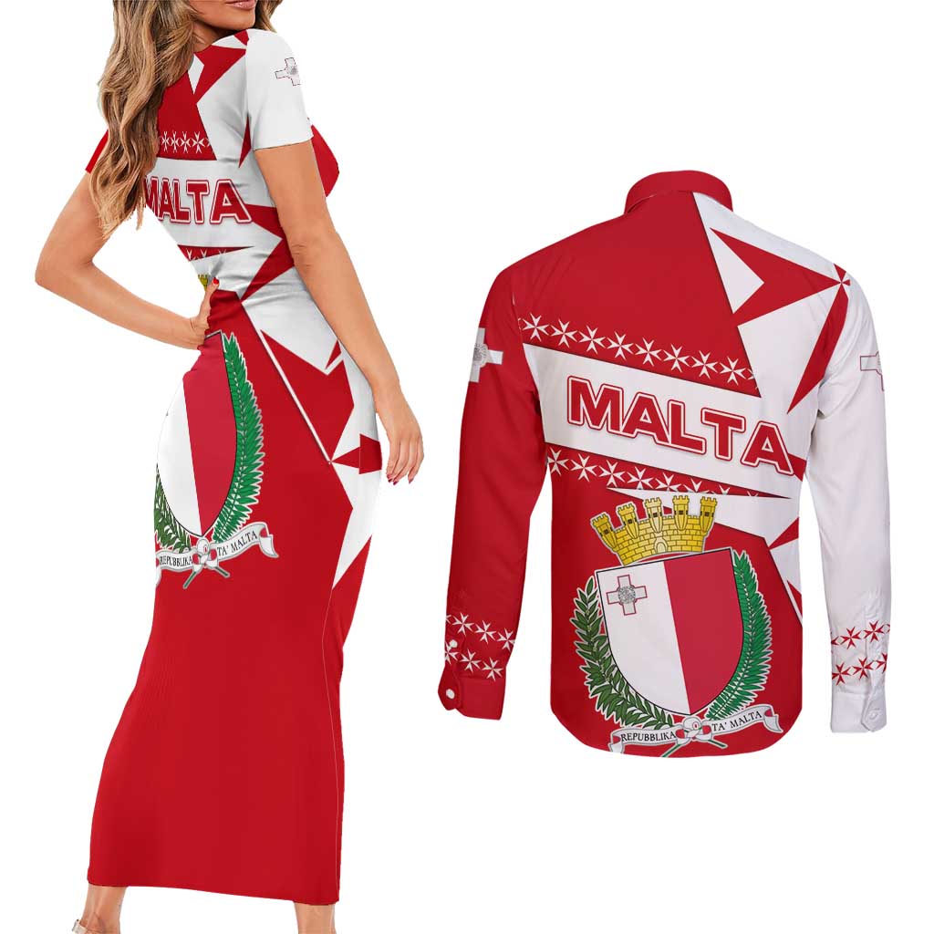 Malta Couples Matching Short Sleeve Bodycon Dress and Long Sleeve Button Shirt with Red White Starburst Design - Wonder Print Shop