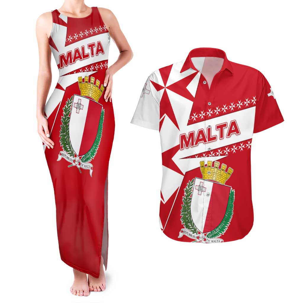Malta Couples Matching Tank Maxi Dress and Hawaiian Shirt with Red White Starburst Design - Wonder Print Shop