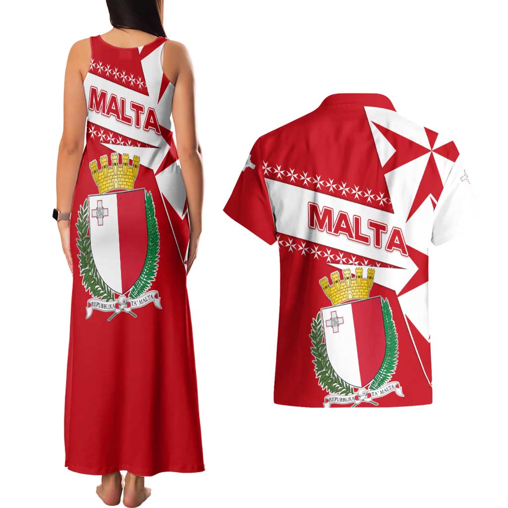 Malta Couples Matching Tank Maxi Dress and Hawaiian Shirt with Red White Starburst Design - Wonder Print Shop