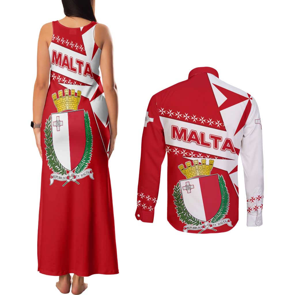 Malta Couples Matching Tank Maxi Dress and Long Sleeve Button Shirt with Red White Starburst Design - Wonder Print Shop