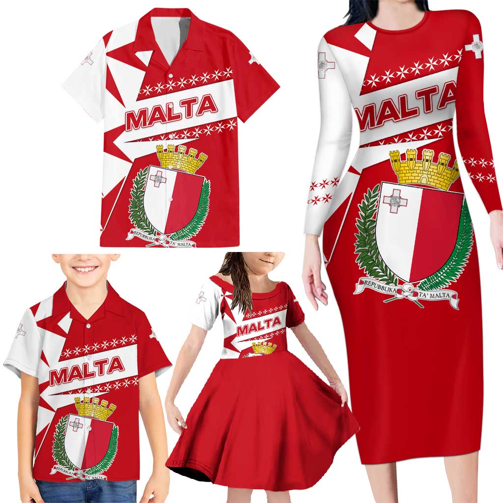 Malta Family Matching Long Sleeve Bodycon Dress and Hawaiian Shirt with Red White Starburst Design - Wonder Print Shop