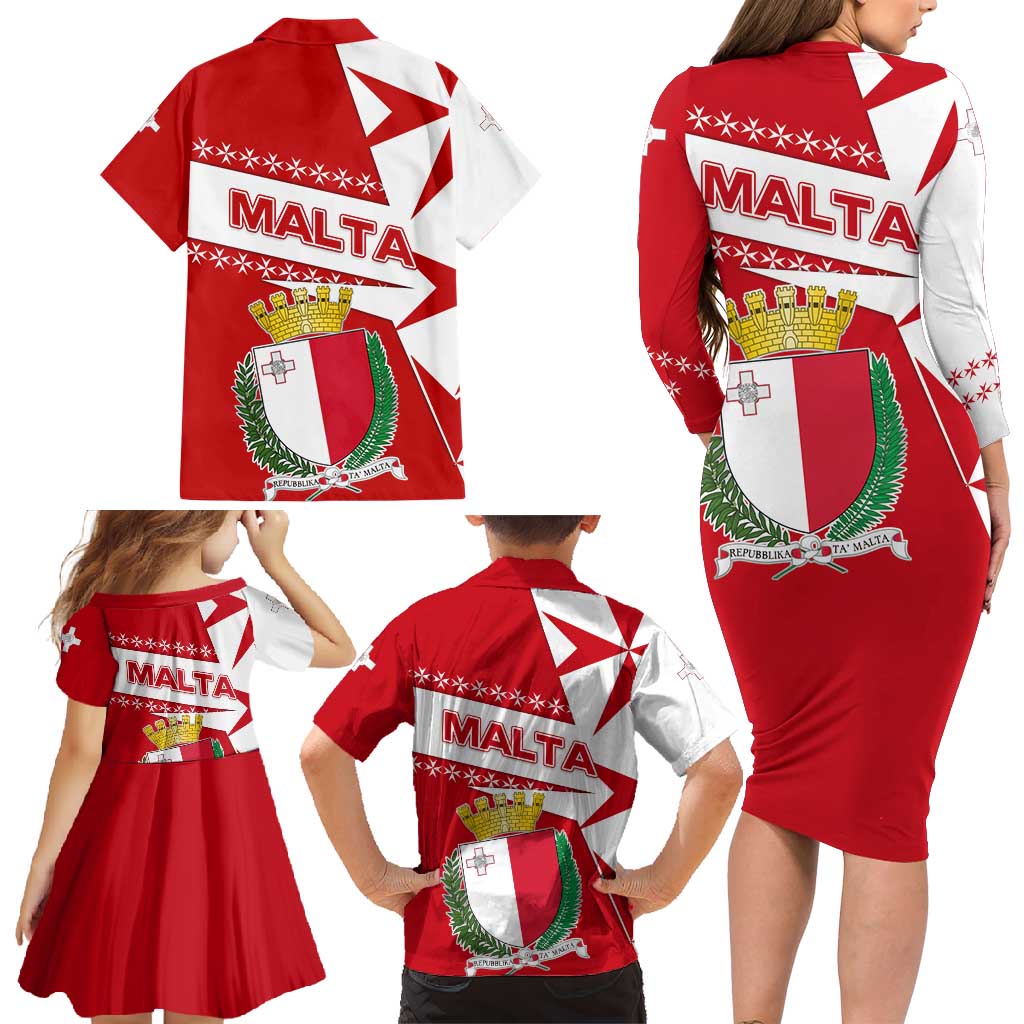 Malta Family Matching Long Sleeve Bodycon Dress and Hawaiian Shirt with Red White Starburst Design - Wonder Print Shop