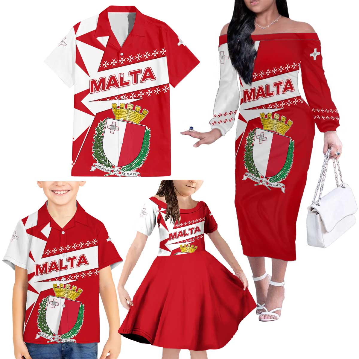 Malta Family Matching Off The Shoulder Long Sleeve Dress and Hawaiian Shirt with Red White Starburst Design - Wonder Print Shop