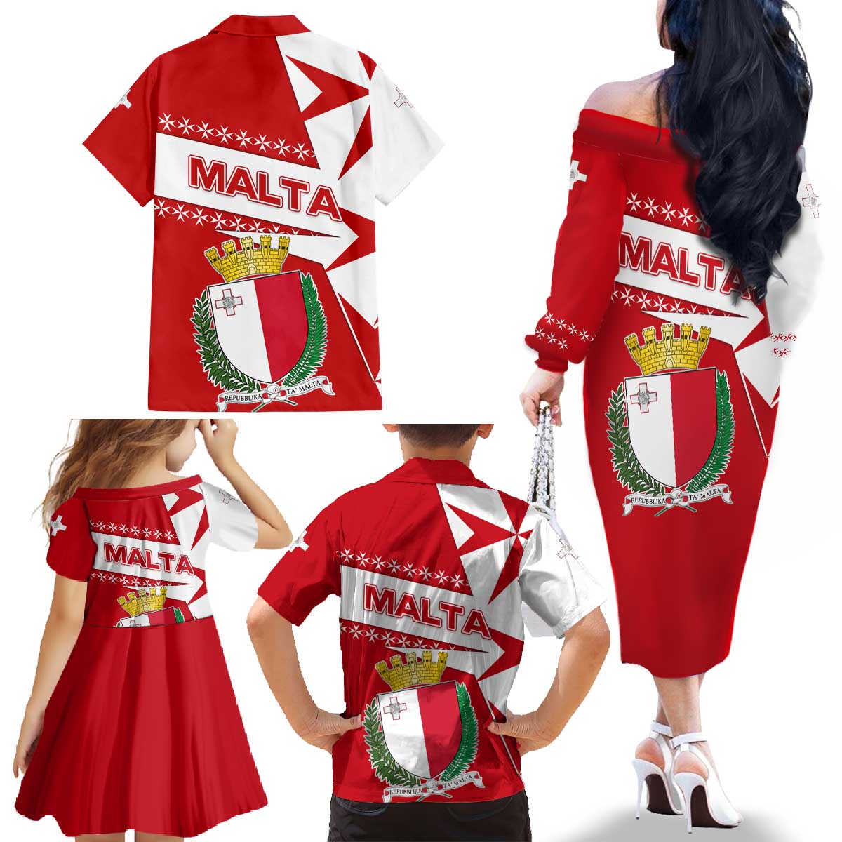 Malta Family Matching Off The Shoulder Long Sleeve Dress and Hawaiian Shirt with Red White Starburst Design - Wonder Print Shop