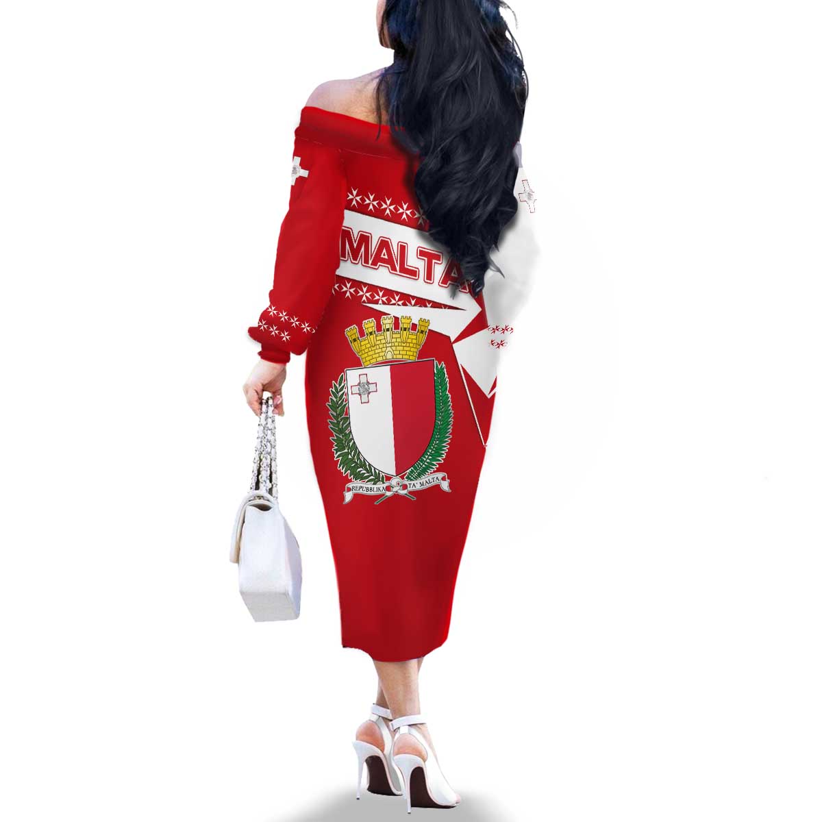 Malta Family Matching Off The Shoulder Long Sleeve Dress and Hawaiian Shirt with Red White Starburst Design - Wonder Print Shop