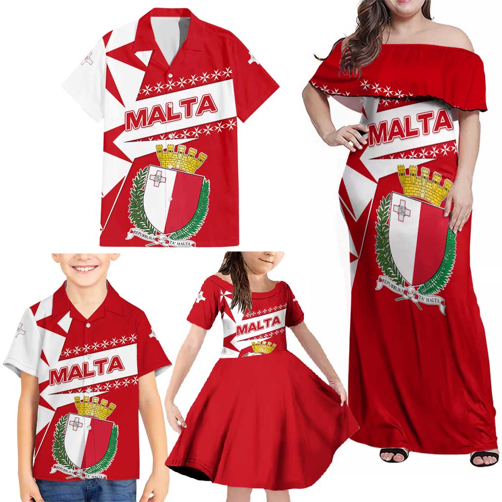 Malta Family Matching Off Shoulder Maxi Dress and Hawaiian Shirt with Red White Starburst Design - Wonder Print Shop