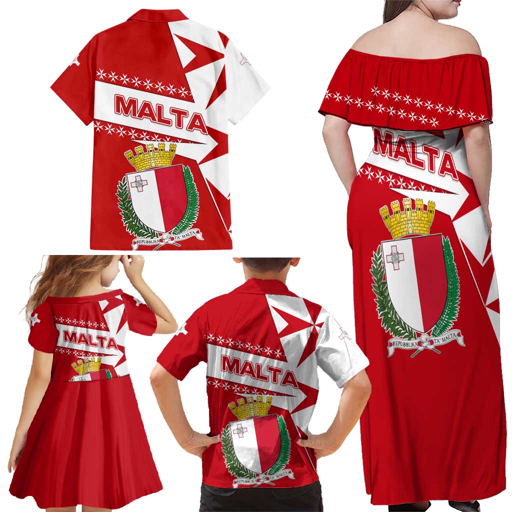 Malta Family Matching Off Shoulder Maxi Dress and Hawaiian Shirt with Red White Starburst Design - Wonder Print Shop