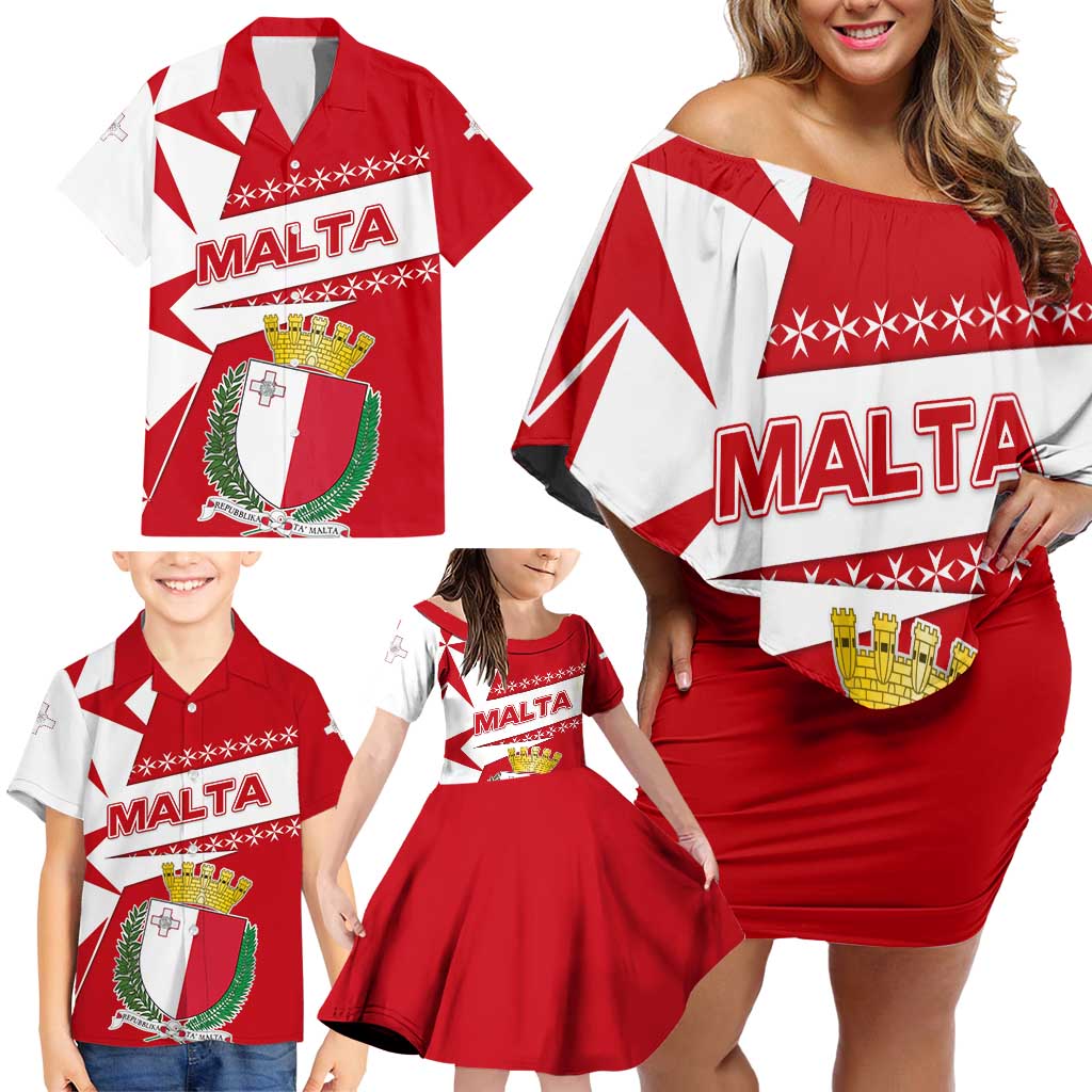 Malta Family Matching Off Shoulder Short Dress and Hawaiian Shirt with Red White Starburst Design - Wonder Print Shop