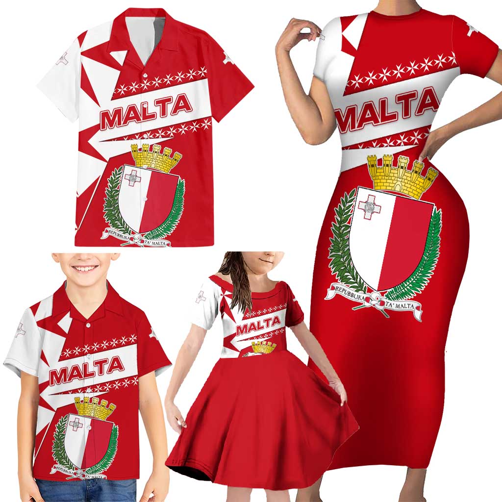 Malta Family Matching Short Sleeve Bodycon Dress and Hawaiian Shirt with Red White Starburst Design - Wonder Print Shop