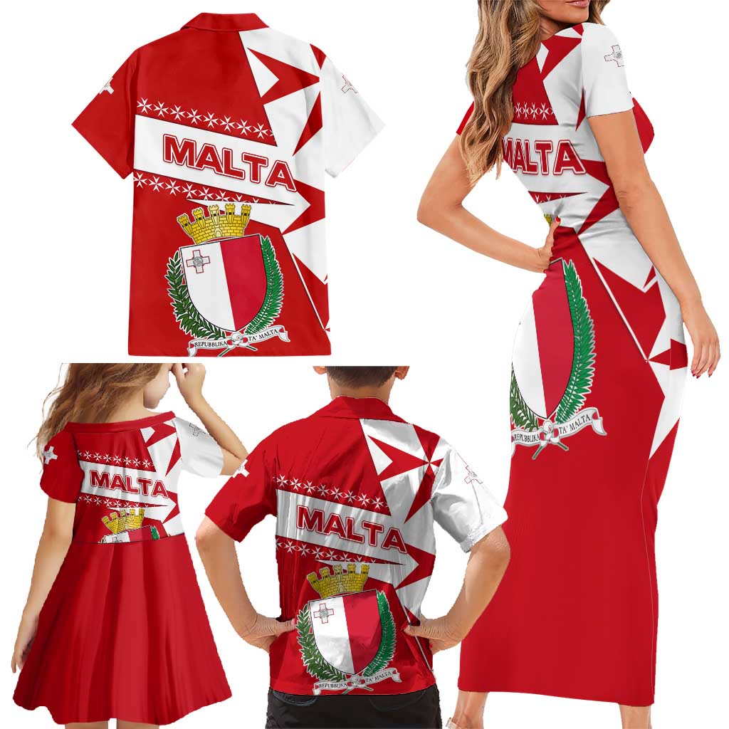 Malta Family Matching Short Sleeve Bodycon Dress and Hawaiian Shirt with Red White Starburst Design - Wonder Print Shop