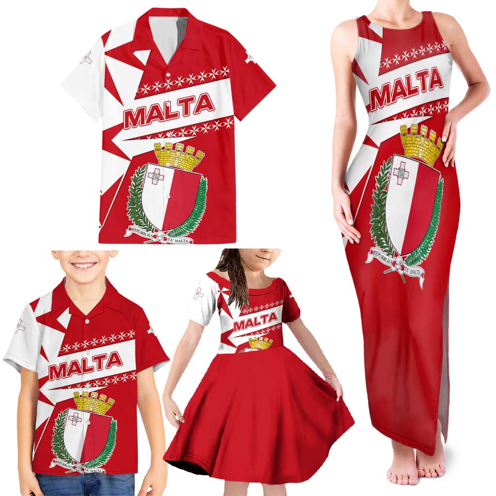 Malta Family Matching Tank Maxi Dress and Hawaiian Shirt with Red White Starburst Design - Wonder Print Shop