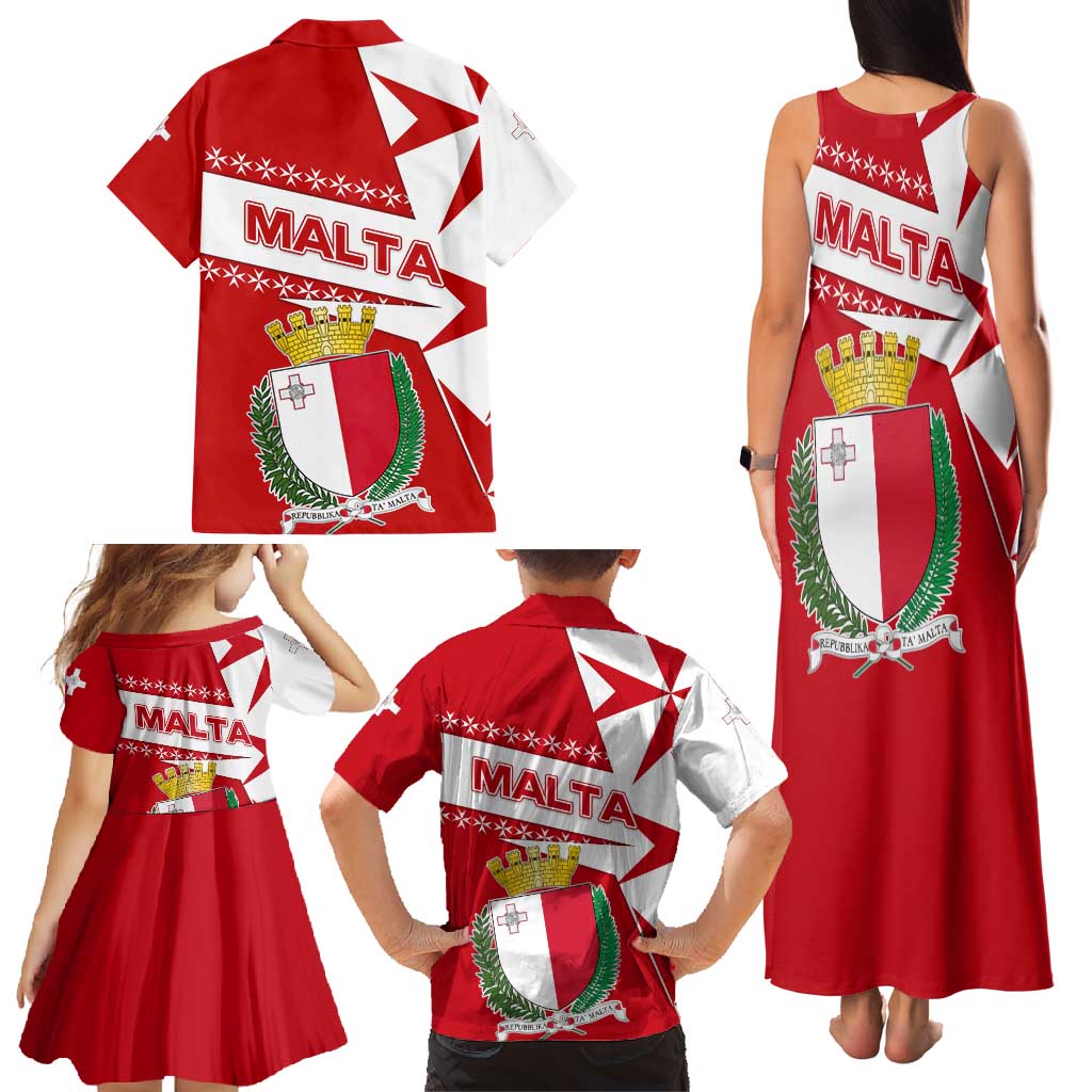 Malta Family Matching Tank Maxi Dress and Hawaiian Shirt with Red White Starburst Design - Wonder Print Shop