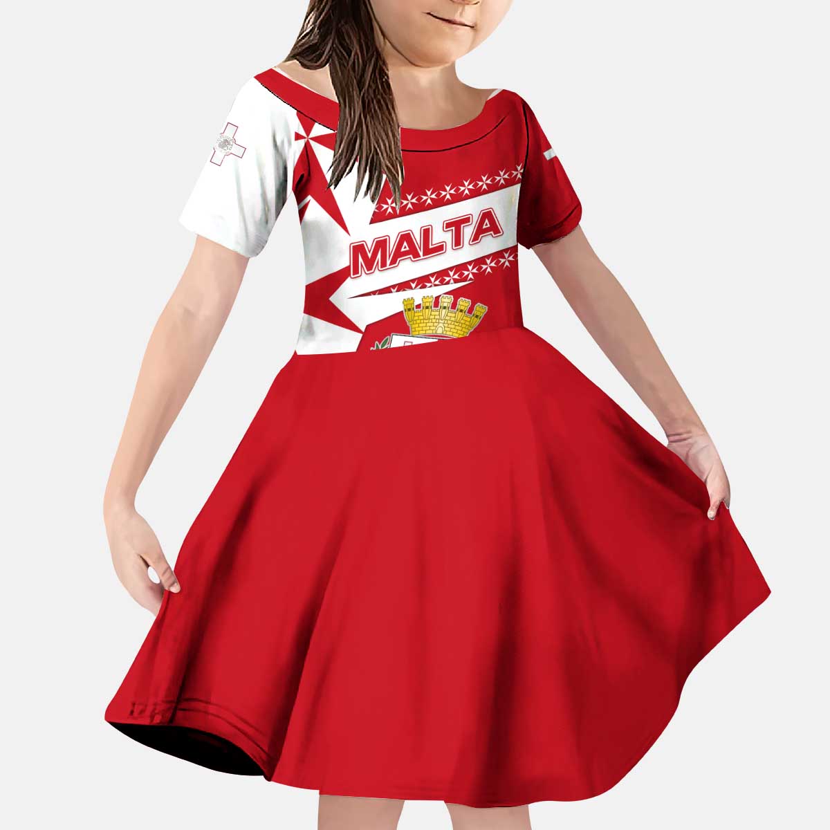 Malta Kid Short Sleeve Dress with Red White Starburst Design - Wonder Print Shop