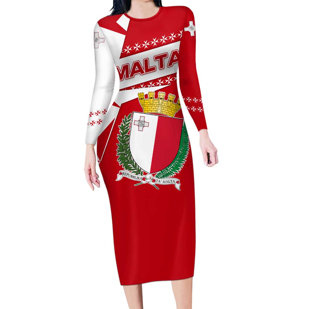 Malta Long Sleeve Bodycon Dress with Red White Starburst Design - Wonder Print Shop
