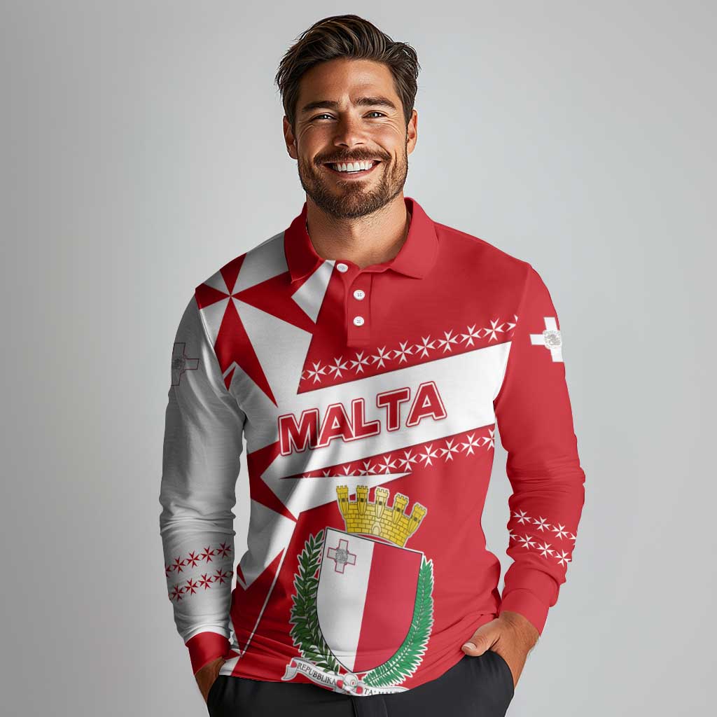 Malta Long Sleeve Polo Shirt with Red White Starburst Design - Wonder Print Shop