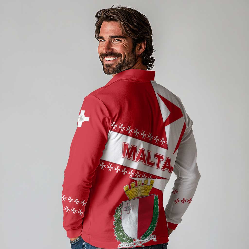 Malta Long Sleeve Polo Shirt with Red White Starburst Design - Wonder Print Shop
