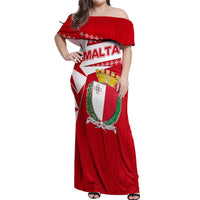 Malta Off Shoulder Maxi Dress with Red White Starburst Design - Wonder Print Shop