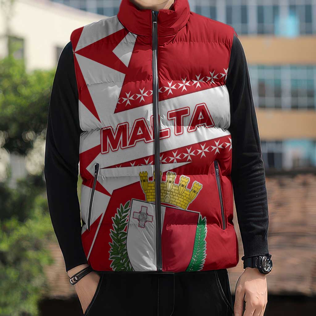 Malta Sleeveless Puffer Jacket with Red White Starburst Design - Wonder Print Shop
