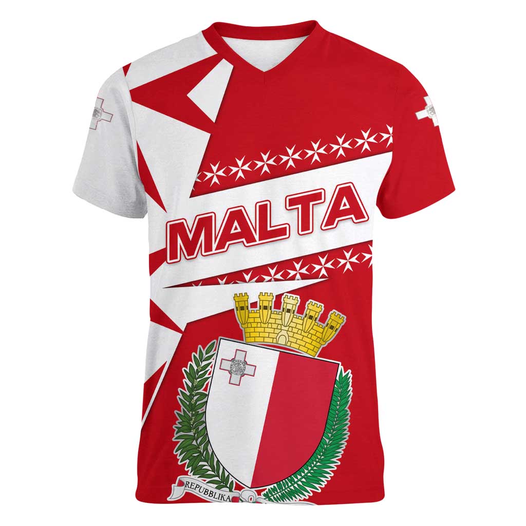 Malta Women V-Neck T-Shirt with Red White Starburst Design - Wonder Print Shop