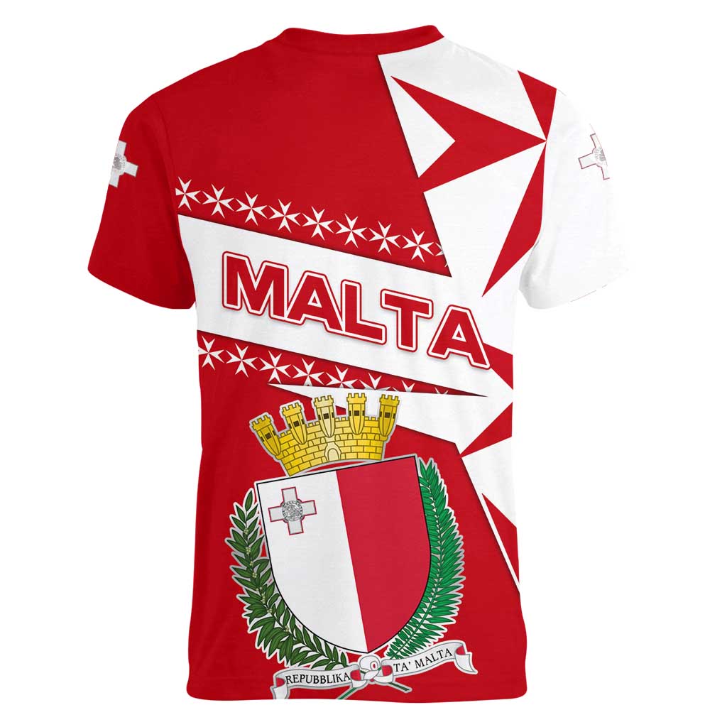 Malta Women V-Neck T-Shirt with Red White Starburst Design - Wonder Print Shop