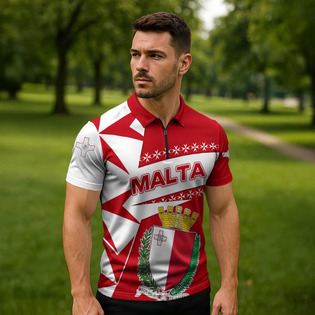 Malta Zipper Polo Shirt with Red White Starburst Design - Wonder Print Shop