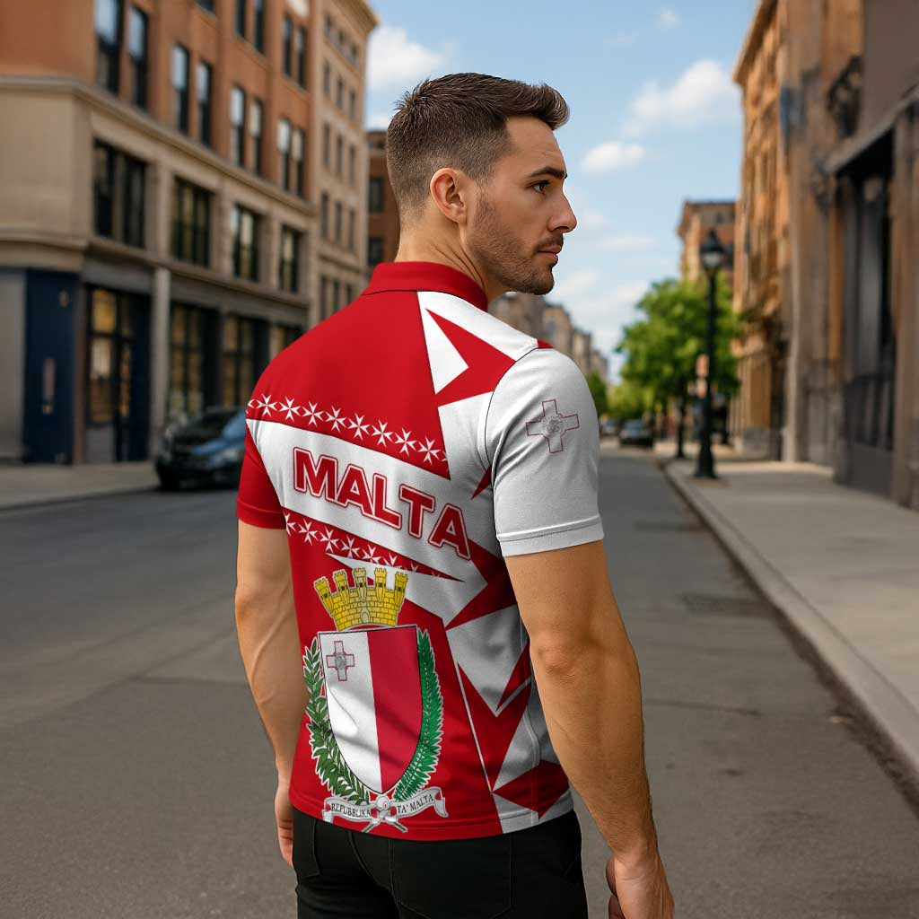 Malta Zipper Polo Shirt with Red White Starburst Design - Wonder Print Shop